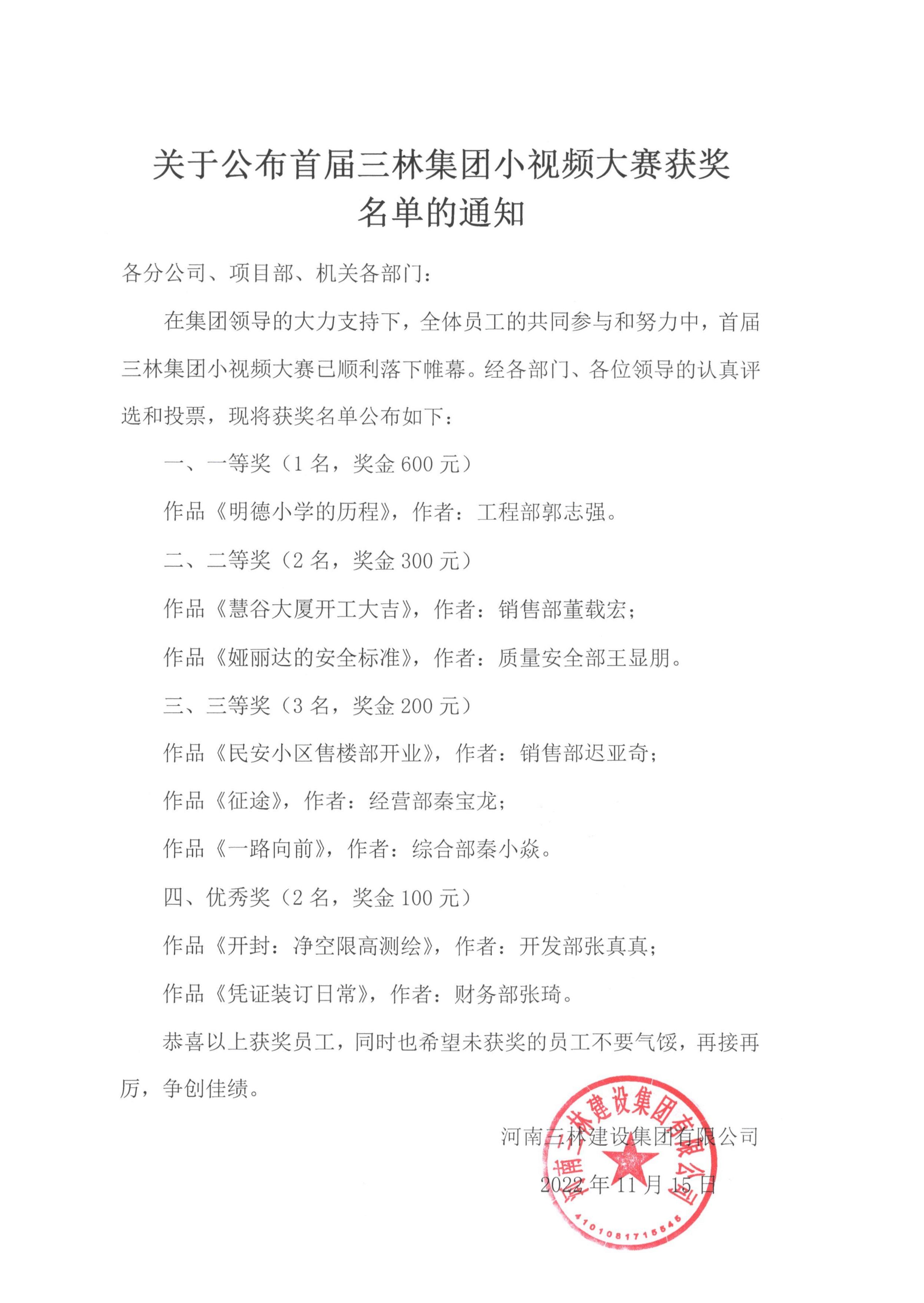 關(guān)于公布首屆三林集團(tuán)小視頻大賽獲獎(jiǎng)名單的通知(圖1)